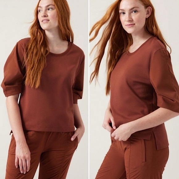 Athleta HARLOW HYBRID TEE puff sleeve cotton ancient mahogany brown size xs - Picture 1 of 8